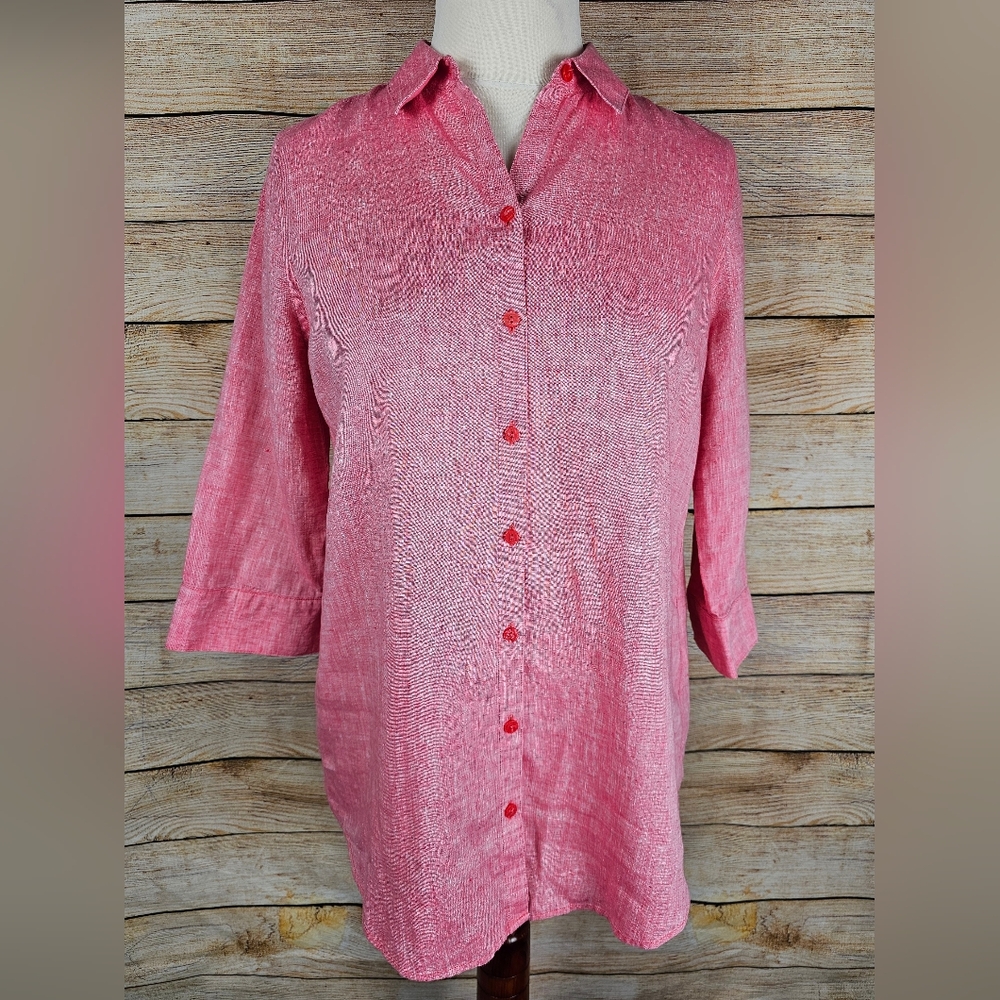 Chico's No Iron Light Red 100% Linen Button Front Shirt Chico's Size 0 Medium